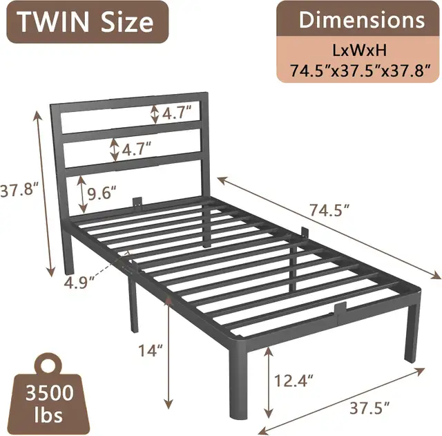 14 Inch Twin Bed Frame with Headboard, Black Metal Twin Size Bed in Beds & Mattresses in Longueuil / South Shore - Image 4