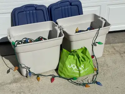 21 lines of large sized multicoloured LED bulbs. Mixed new and used lines. Includes bag of eaves tro...
