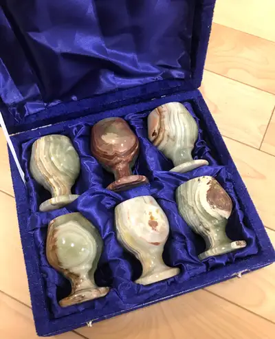Collectible Natural Green Onyx Stone Carved Goblet Set of 6 Case, View more