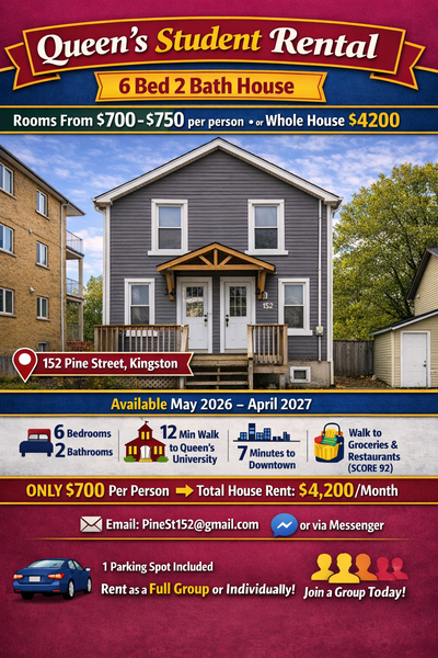 Student Housing for Queen’s University —Rooms for rent in 6 Bed / 2 Bath House 152 Pine Street, King...