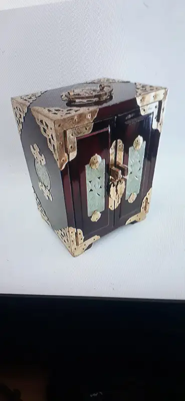 Rosewood and Brass finishings Jewelry Box with hand carved white jade accents. . .from circa 1870 -...