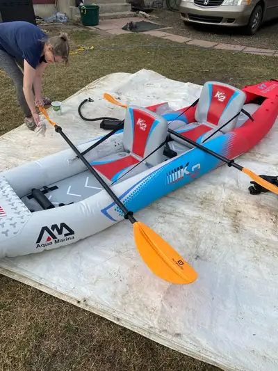 2 person inflatable kayak, only used a few times comes with fin and paddles. Lots of fun if you like...
