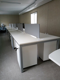 White Shared Rectangular Office Desk + Desk Divider for 4 person