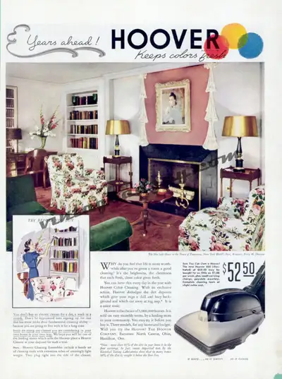Hoover Vacuums, 1939 Magazine Ad Title- “Years ahead! Hoover Keeps Colors Fresh” Vintage magazine ad...