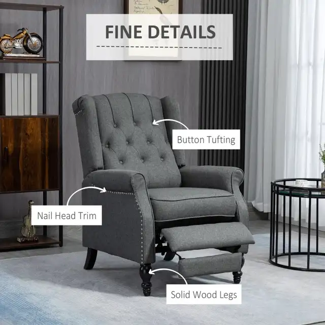 Wingback Reclining Chair with Footrest, Button Tufted Recliner C in Chairs & Recliners in Markham / York Region - Image 6