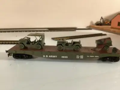 Us army flat deck car with 2 Jeep and trailer load $45 pick up only