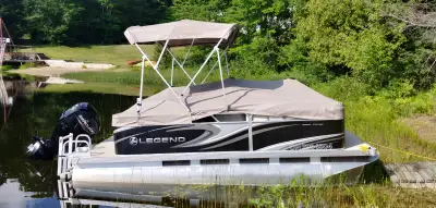 2021 Legend “Splash Cottage” 17ft pontoon boat, 60hp 4 stroke Mercury outboard motor, with boat trai...