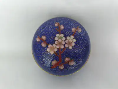 Japanese Blue Enamel Cloisonne Trinket Box with Cherry Blossom, View more