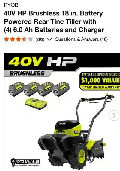 Ryobi 18 Inch Rear Tine Rototiller with Batteries (New In Box), View more
