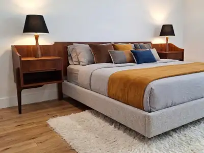 Mid-century modern (MCM) walnut headboard with nightstands, View more