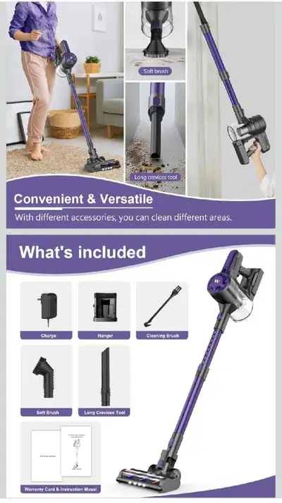 Keep your home spotless with this efficient cordless vacuum cleaner featuring a powerful 20kPa sucti...
