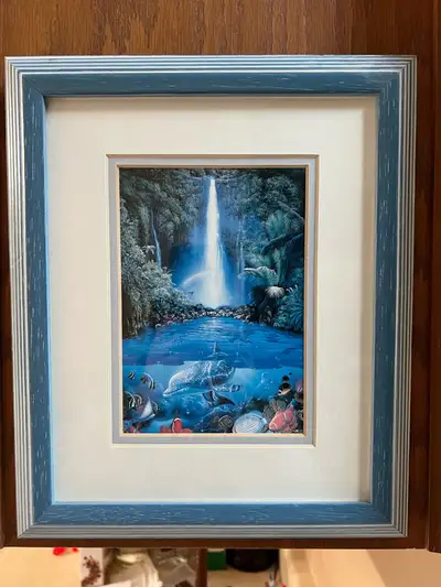 10 x 12 art print of a waterfall in a tropical rainforest with a dolphin and colourful saltwater fis...