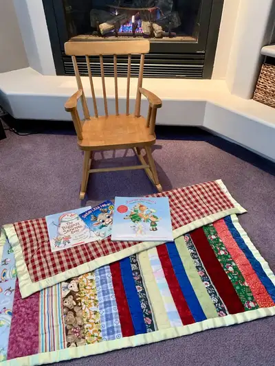 Child's rocking chair, homemade quilt, 3 Xmas books (set), View more