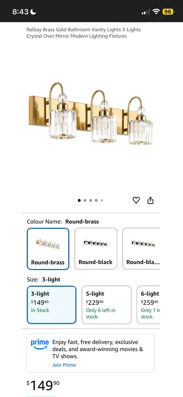 3-Light Brass Crystal Bathroom Vanity Light– Ne in Indoor Lighting & Fans in Oakville / Halton Region - Image 3