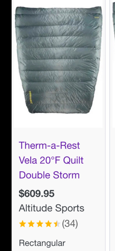 Thermarest Vela double down backpacking quilt -6C/20F in Fishing, Camping & Outdoors in Oshawa / Durham Region