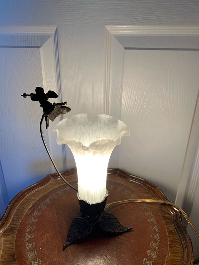 Vtg Underwriters Lab Cast Iron Accent Cherub Lamp Lily Shade in Indoor Lighting & Fans in Belleville