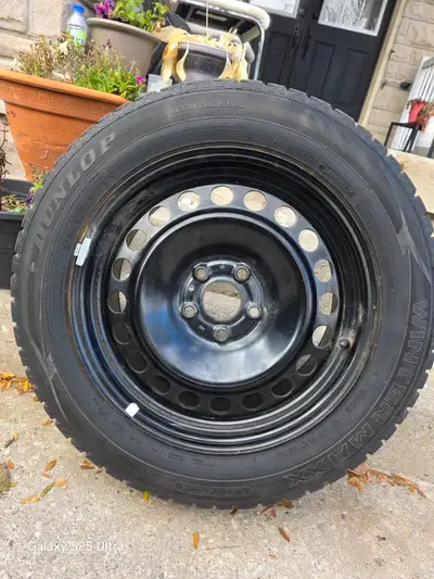 A set of 4 Winter tyres on Rims.Tyres just balanced with over 60% thread wear left . Size 215x 60x17...