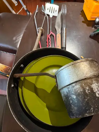 Camping pans, pot and fire utensils, View more