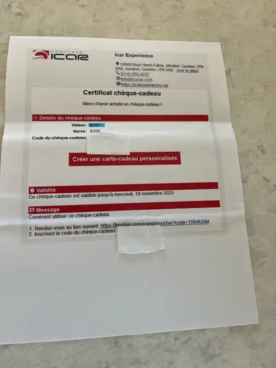 2 certificats cadeau de 200$ laissé à demi-prix https://icarexperience.ca