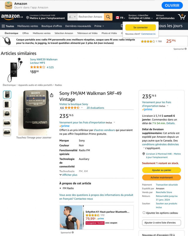 Walkman SONY vintage SRF 49 neuf dans son emballage / vaut 235$ dans iPod et MP3  à Ville de Montréal - Image 3