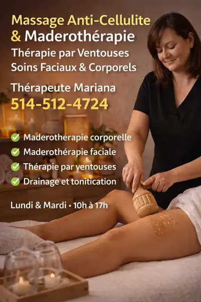 -Massage relaxant -Massage sportif -Maderotherapie Visage / corps -Therapie par ventouse