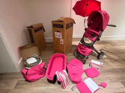 Stoke XPlory stroller limited edition complete set in pink Comes with bassinet, umbrella, mosquito n...