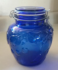 Vintage Cobalt Blue Glass Canister/ Storage Jar- Fruit Pattern