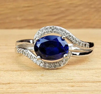 Gorgeous Signed SG 10K White Gold 1 CT Sapphire Ring Diamond Acc