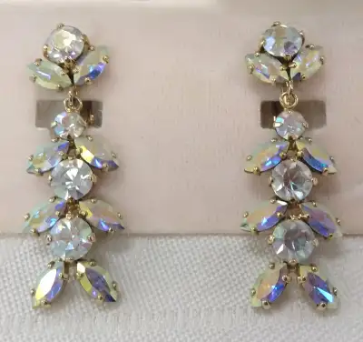 Stunning Vintage Signed Sherman Crystal Aurora Borealis Rhinestones Dangle Earrings, prong set solit...