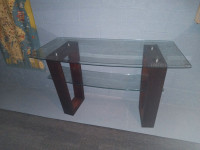 Two tier beveled glass shelf with a wooden frame