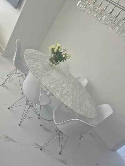 Modern marble top oval dining table and chairs, View more