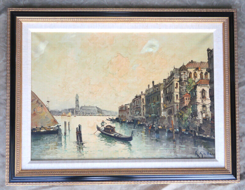 ANTIQUE 19C ITALIAN VENICE CANAL OIL PAINTING SIGNED GALLO Arts & Collectibles City of