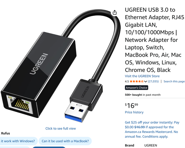 UGREEN USB 3.0 to Ethernet Adapter, RJ45 Gigabit Ethernet