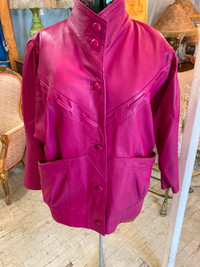 Blouson manteau cuir rose mauve fushia 1980 vintage