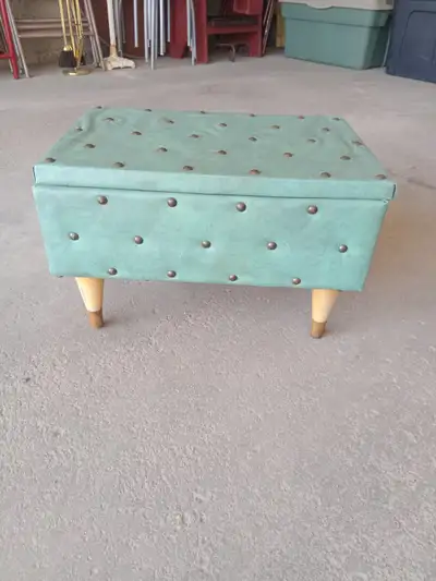 MCM MINI Ottoman - Green Vinyl Storage Ottoman with Brass Tacks, View more