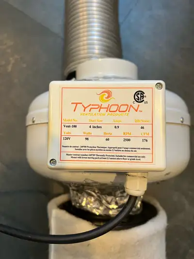 Typhoon inline ventilation fan model Vent-100 with 4 inch duct. RPM 2500. CFM 176. And charcoal filt...