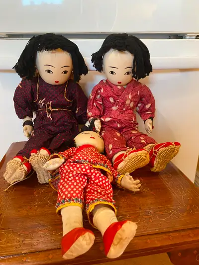 Three Vintage Ada Lum Fabric Rag Dolls with Original Clothes, View more
