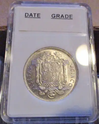 1949 SPANISH CINCO PESETAS COIN IN VERY NICE CONDITION IN SLAB