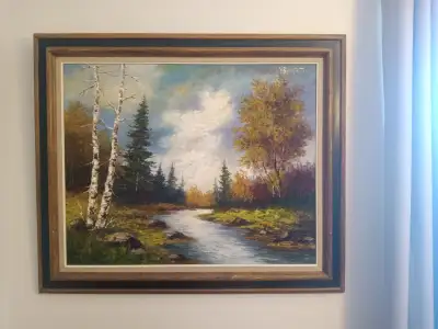 Prix demandé 200$ (Peinture sur canevas encadrée) Nature morte: ruisseau sur fond d'automne avec bou...