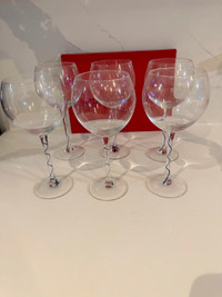 Wine Glasses with Blue Swirl Stems , Balloon Glass Goblets