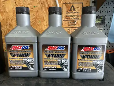Three quarts of Amsoil V-Twin 20w-50 engine oil $15. 00 per quart Two quarts of Genuine Harley David...