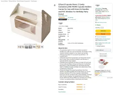 [25pcs] Cupcake Boxes 2 Cavity Containers,ONE MORE Cupcake Holders Carrier for two with Insert & Han...