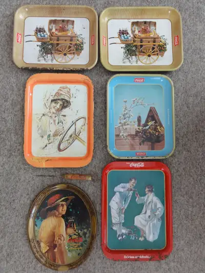 6 vintage Coca-Cola trays plus bottle opener "Coca Cola Tastes Best Cold". $75 for ALL. See more ite...