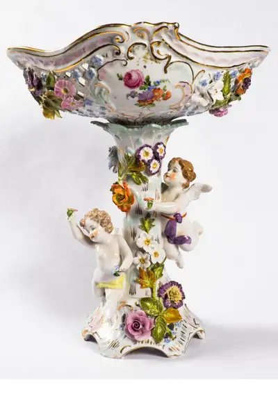 Large, Stunning, Hand-Painted Antique Dresden Porcelain Comport, View more