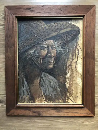 Vintage Oil Painting on actual leaves background Vietnamese portrait Size: 20” X 17”