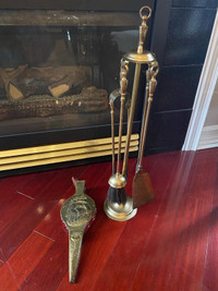 Vintage brass  fireplace tools set & bellows.26” &14”.