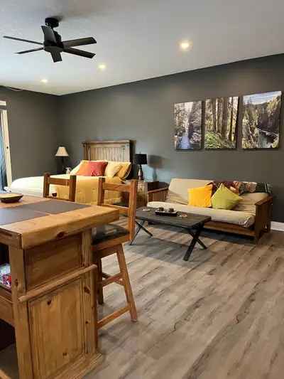 Large room with queen bed, futon, dry kitchenette, private bathroom, wifi, tv, use of in-ground pool...