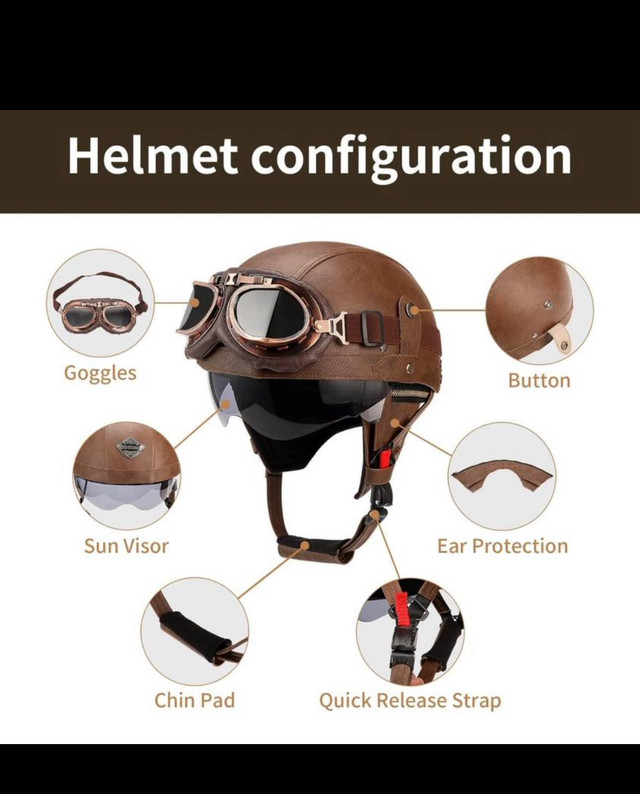 German Style Leather Motorcycle Half Helmet for Adults Men Women in Hobbies & Crafts in Hamilton - Image 4