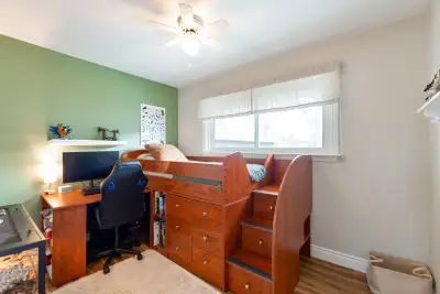Twin bed with built-in dresser, desk and stairs, View more