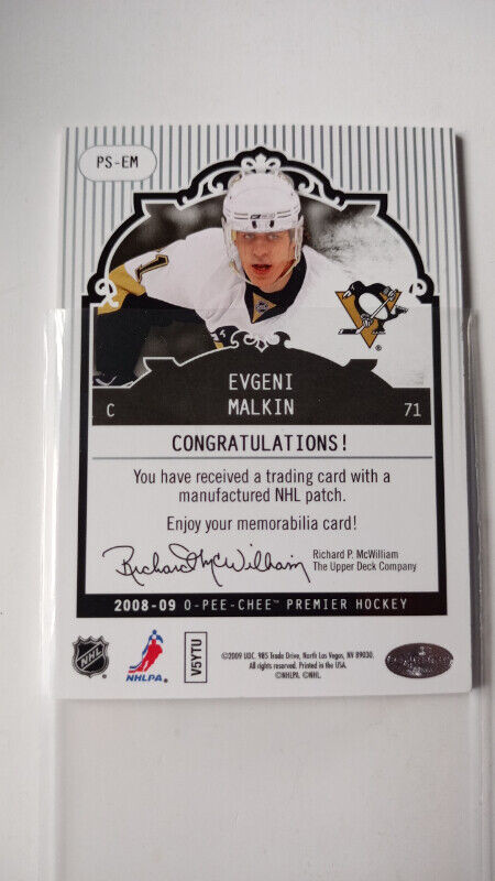2008-09 O-PEE-CHEE PREMIER STITCHINGS PATCH EVGENI MALKIN 40/75 in Arts & Collectibles in St. Catharines - Image 4
